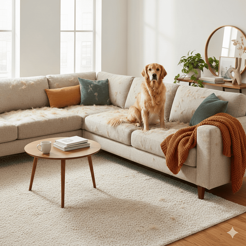 Golden retriever sitting relaxed on a modern living room couch covered in visible pet hair and fur showing the everyday shedding problem that pet owners face at home