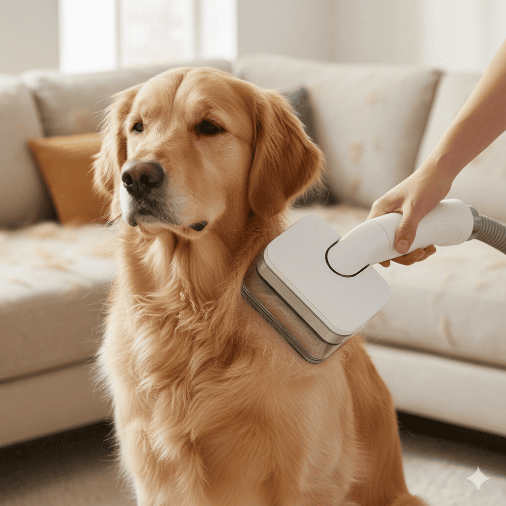 Person using white AIRROBO PG100 grooming vacuum attachment on calm fluffy dog coat indoors capturing loose pet hair directly into the tool during home grooming session