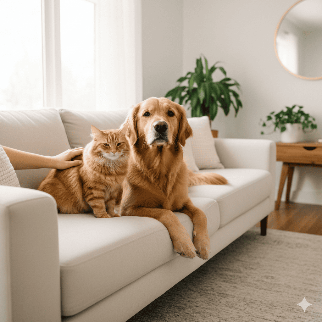 Happy fluffy cat and medium-sized dog sitting side by side on a clean fur-free couch in a modern living room after being groomed at home showing calm well-groomed pets