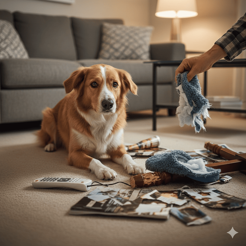 Mixed breed dog sitting on living room floor surrounded by destroyed chewed items including TV remote with bite marks, torn slipper, shredded papers, and damaged furniture leg showing destructive chewing behavior