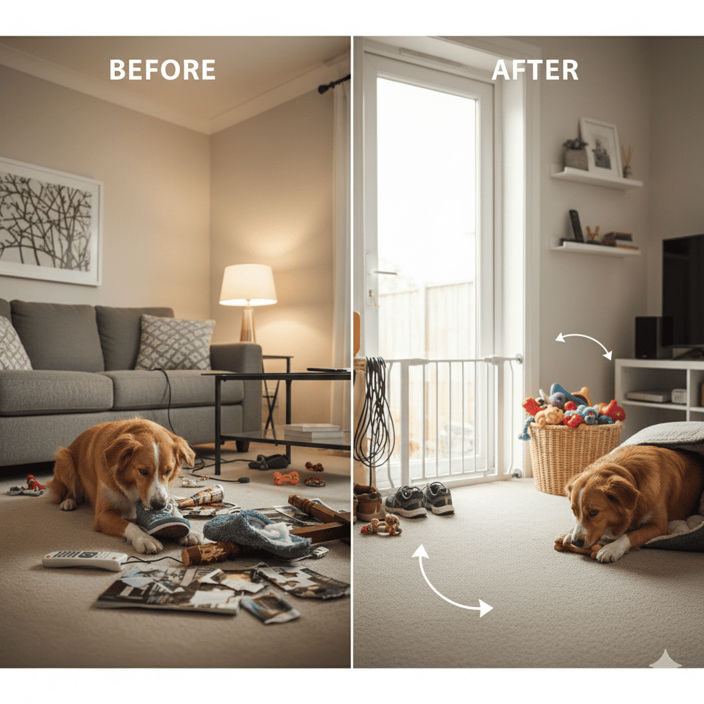 Before and after comparison of living room showing cluttered space with accessible items versus organized dog-proofed room with baby gate, secured cables, items on high shelves, and designated safe zone for dogs