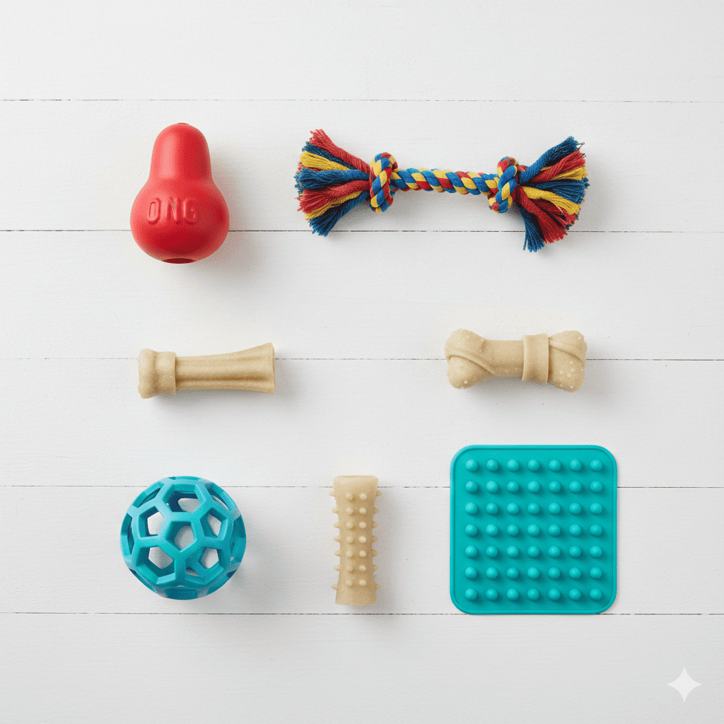 Variety of safe dog chew toys arranged on white background including rubber Kong, rope toy, dental chew stick, food puzzle toy, textured nylon bone, and lick mat showing appropriate chewing alternatives