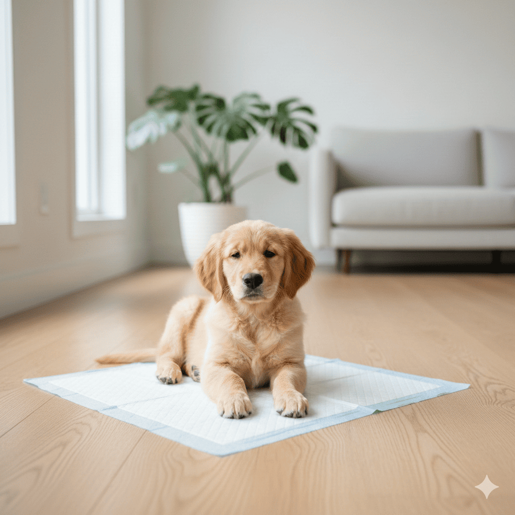 Golden retriever puppy sitting calmly on a white disposable pee pad on a hardwood floor inside a bright modern home — real home use of an Amazon Basics training pad during puppy potty training