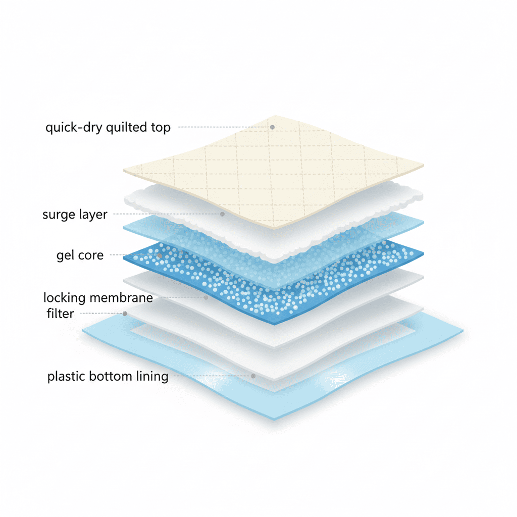 Cross-section illustration showing the 5 layers inside an Amazon Basics dog training pad — quick-dry top, surge layer, gel core, locking membrane, and plastic bottom lining