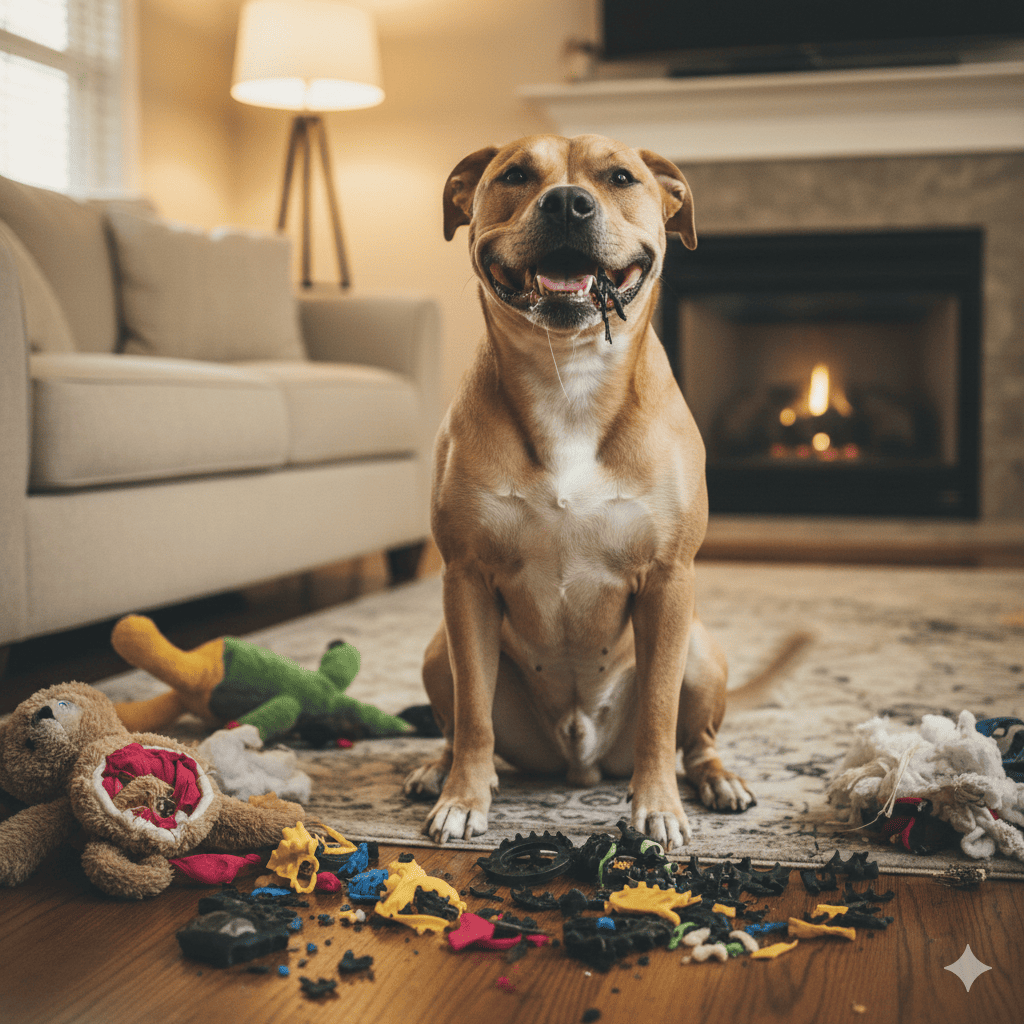 Aggressive chewer dog surrounded by destroyed shredded rubber toys on living room floor, reference image