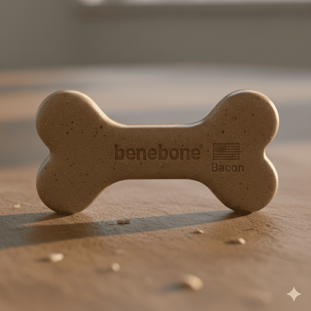Large breed dog actively chewing Benebone Wishbone toy holding between paws on couch engaged focused, reference image
