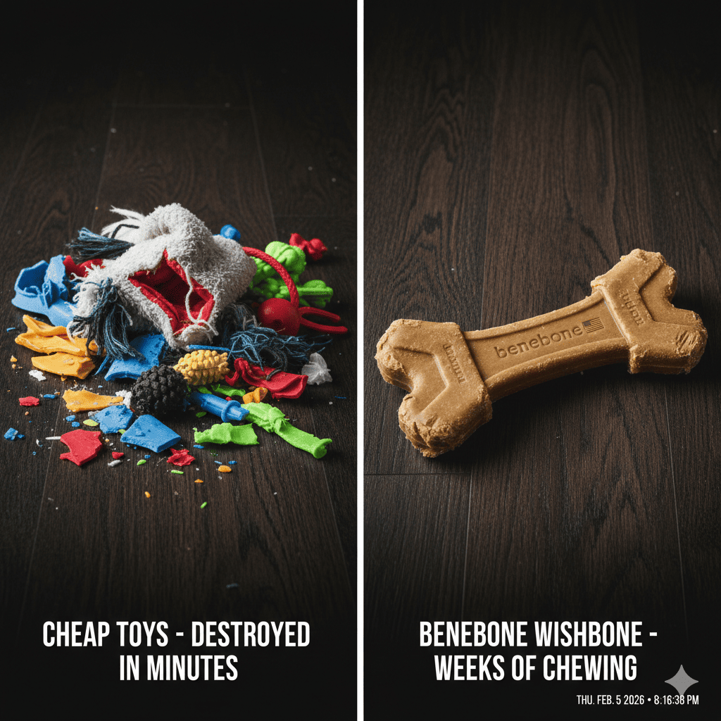 Happy relaxed dog peacefully chewing Benebone Wishbone toy on floor satisfied occupied calm, reference image