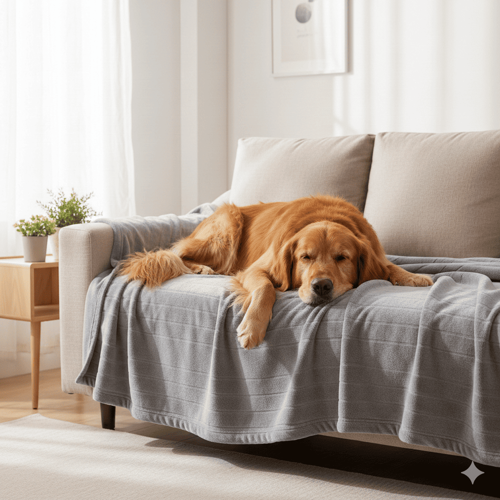 Golden retriever dog lying comfortably on ash grey Bedsure waterproof couch cover draped over beige sofa in modern living room