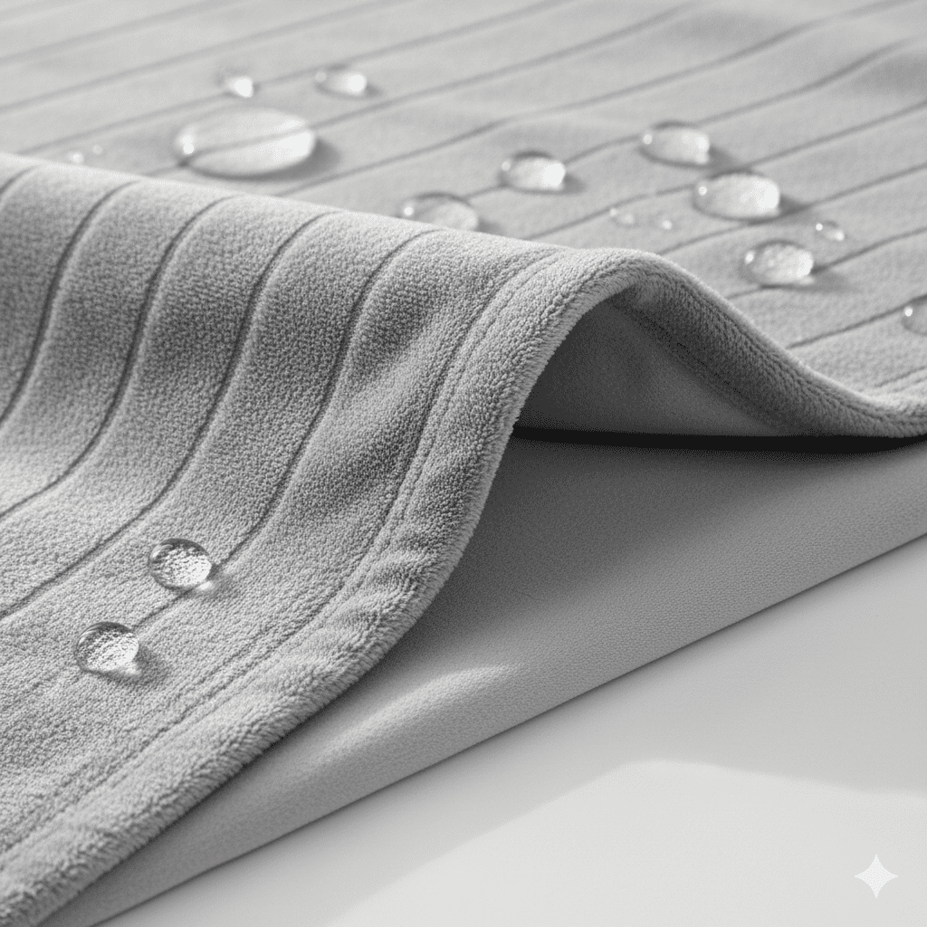 Extreme close-up of Bedsure waterproof dog blanket showing soft crystal velvet top layer and waterproof backing with water droplets beading on surface