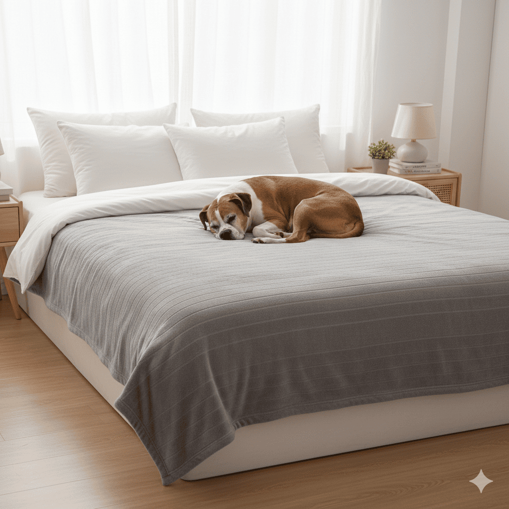 Senior boxer mix dog sleeping peacefully on large Bedsure waterproof blanket covering queen bed with natural overhang in cozy bedroom