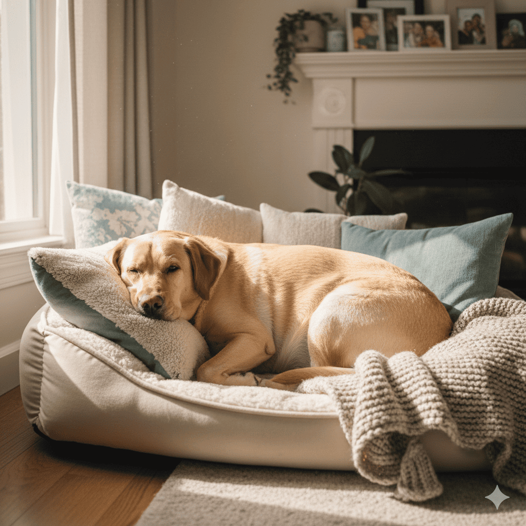 Pregnant Labrador Retriever resting comfortably surrounded by soft pillows and blankets in a cozy home setting