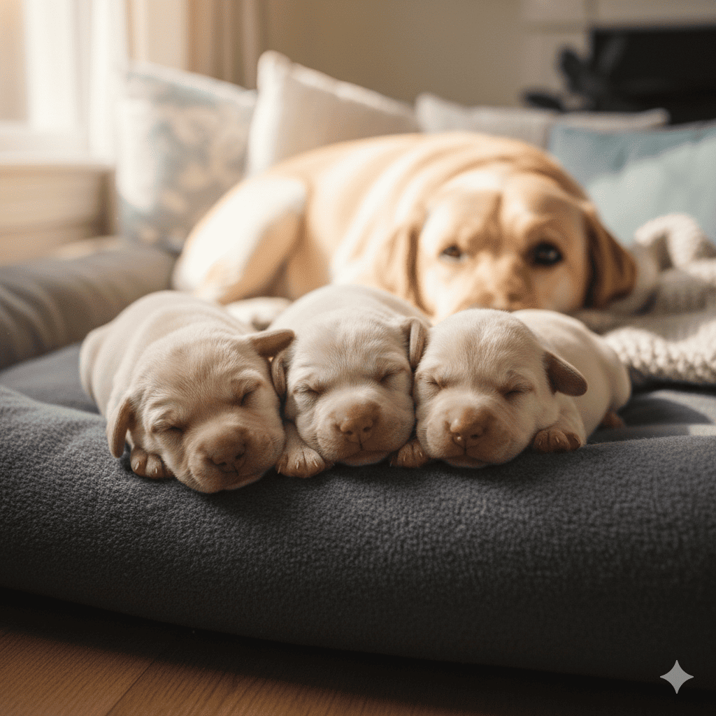 Newborn puppies sleeping peacefully in a safe whelping box with gray padding and protective mother dog nearby