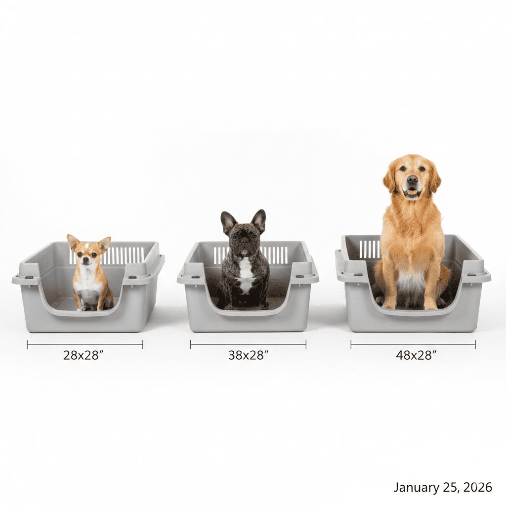 Side-by-side comparison of three whelping box sizes with appropriate dog breeds showing scale differences