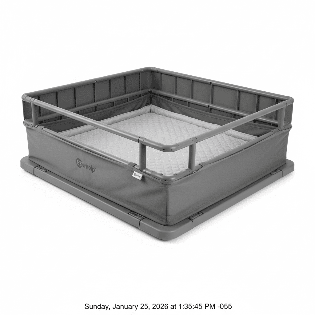 Reference image of EZwhelp EZclassic gray whelping box with safety rails - actual product appearance may vary
