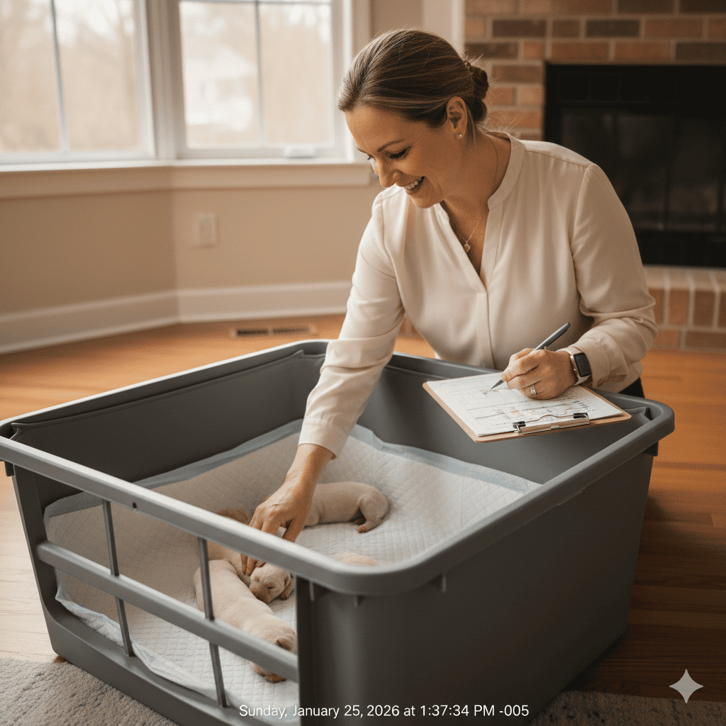 Safety in action: Large breed puppies protected by internal rails while mother nurses, preventing accidental crushing