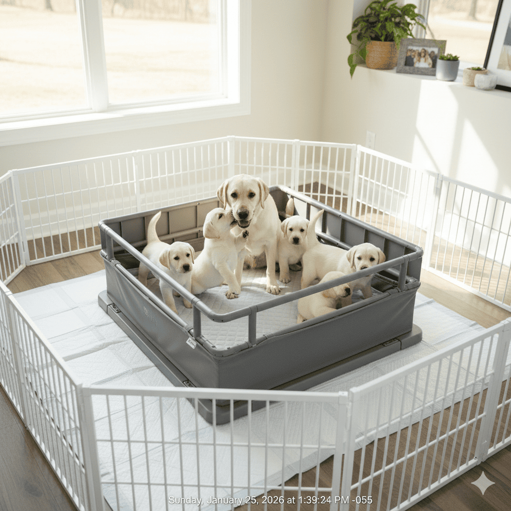 Healthy mother dog playing with active four-week-old puppies in clean, well-organized whelping area