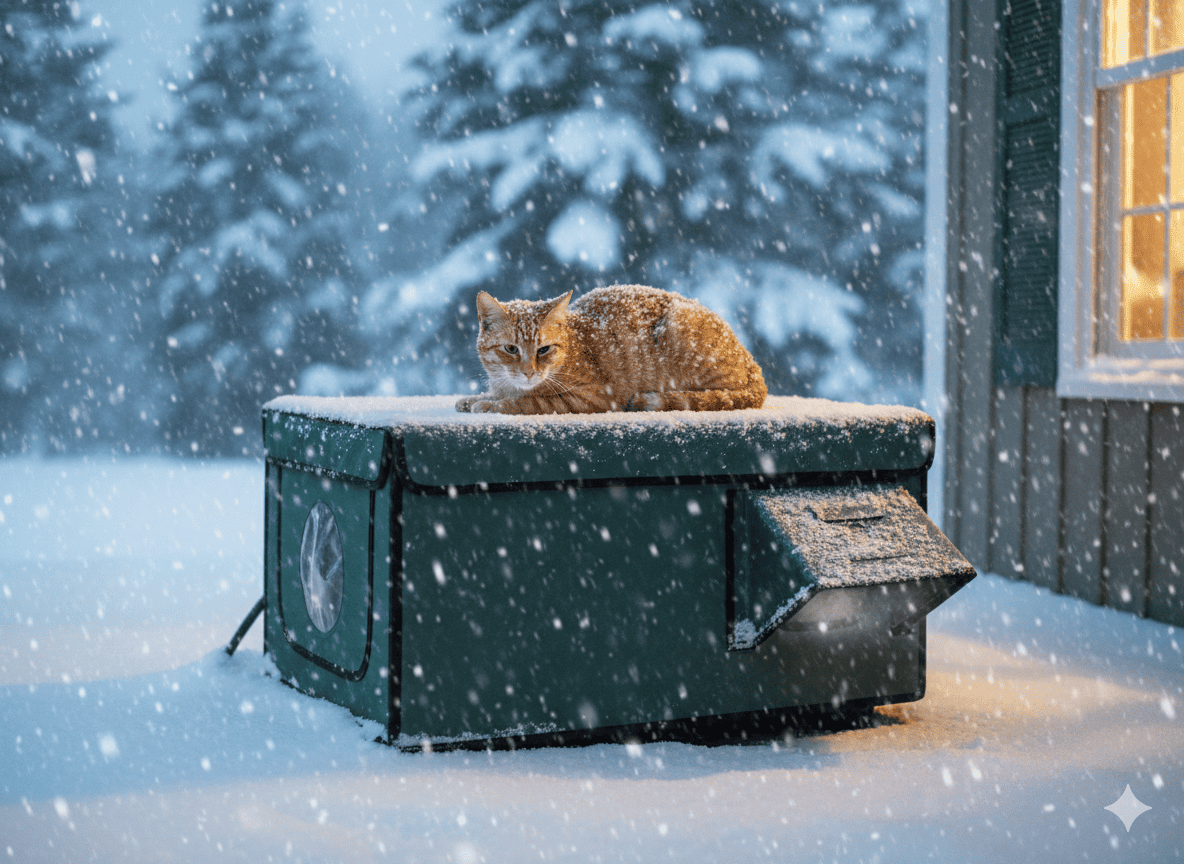 Cozy outdoor cat resting on a heated bed during winter with snow in the background
