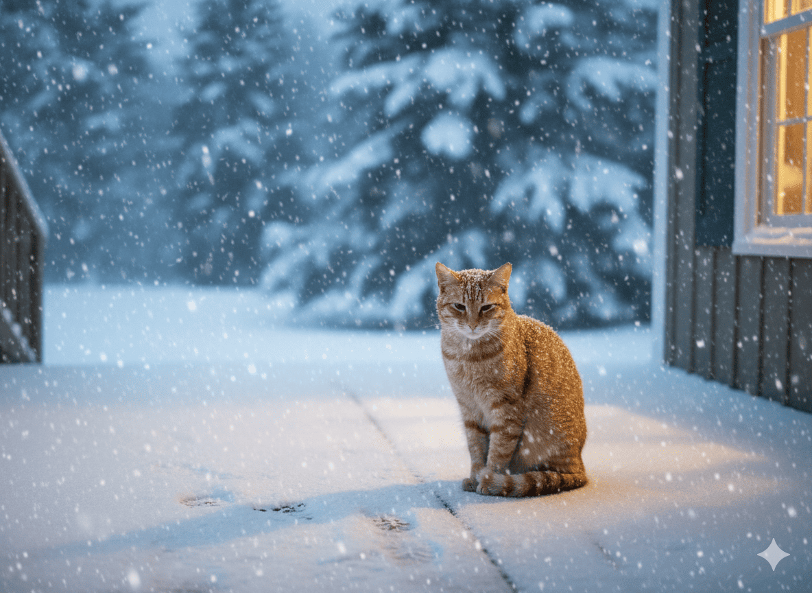 Solitary cat in winter outdoor environment seeking shelter and warmth