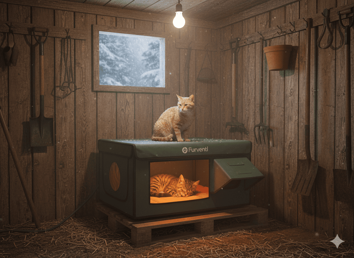 Two cats sheltering together in a heated outdoor house during winter in a rustic setting