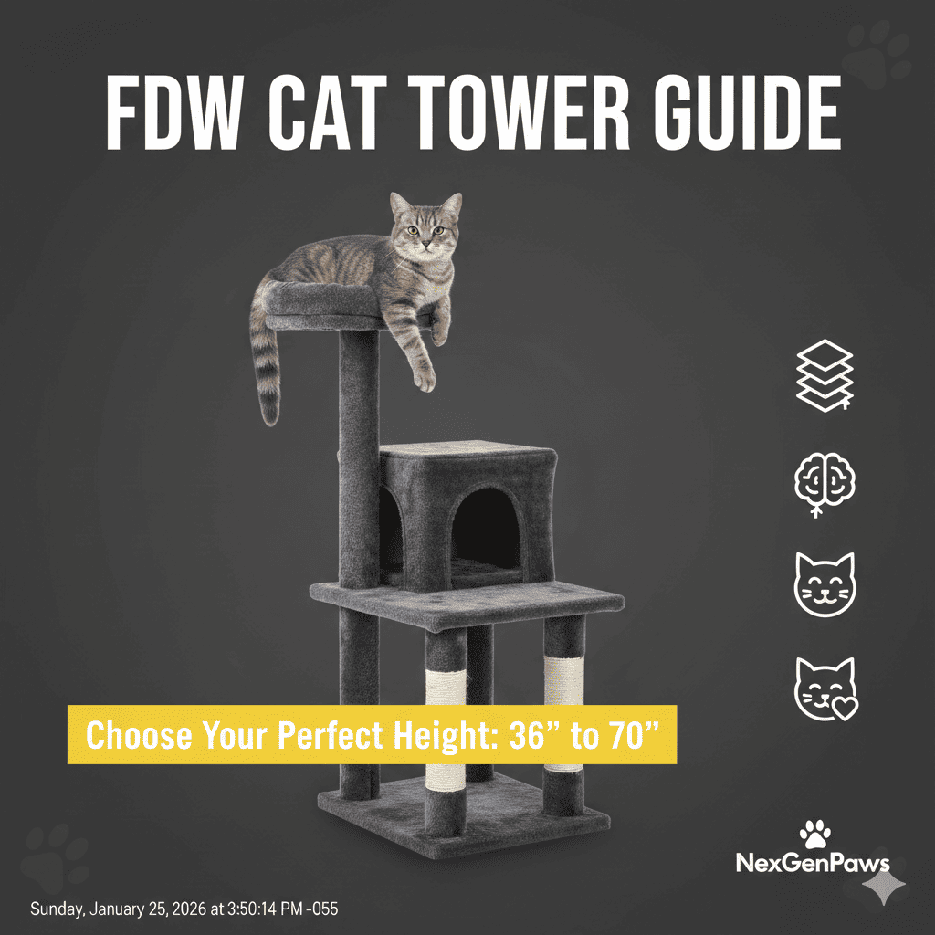 Gray tabby cat relaxing on middle level of dark gray FDW multi-level cat tower in sunny living room