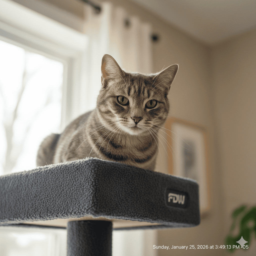 Split comparison showing stressed cat on floor versus happy cat confidently perched high on cat tower observing room