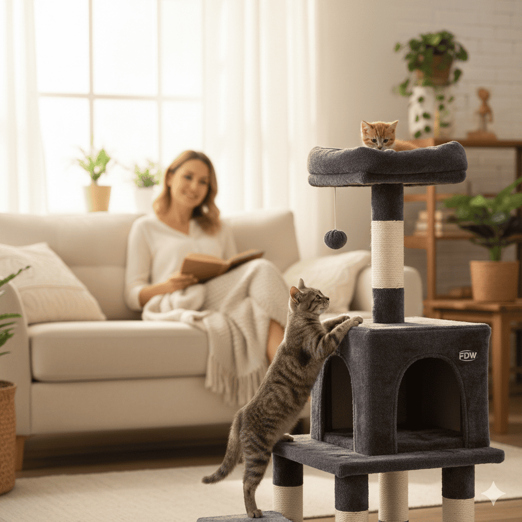 Close-up flat lay of FDW tower components including natural sisal rope posts, plush perches, enclosed condo, and dangling toys on white background