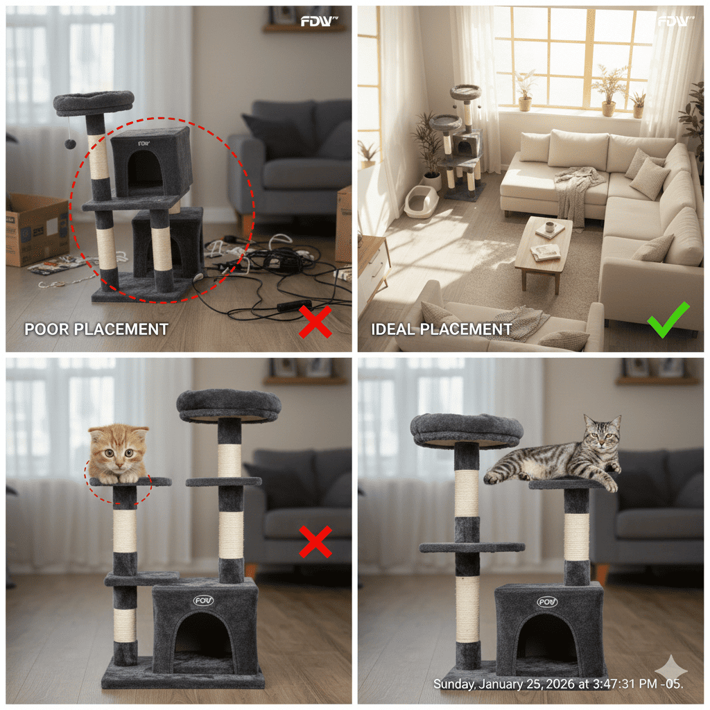 Three different FDW cat tower heights (35.8", 54", and 70") displayed side-by-side in same living room with appropriately-sized cats using each (Reference product images)