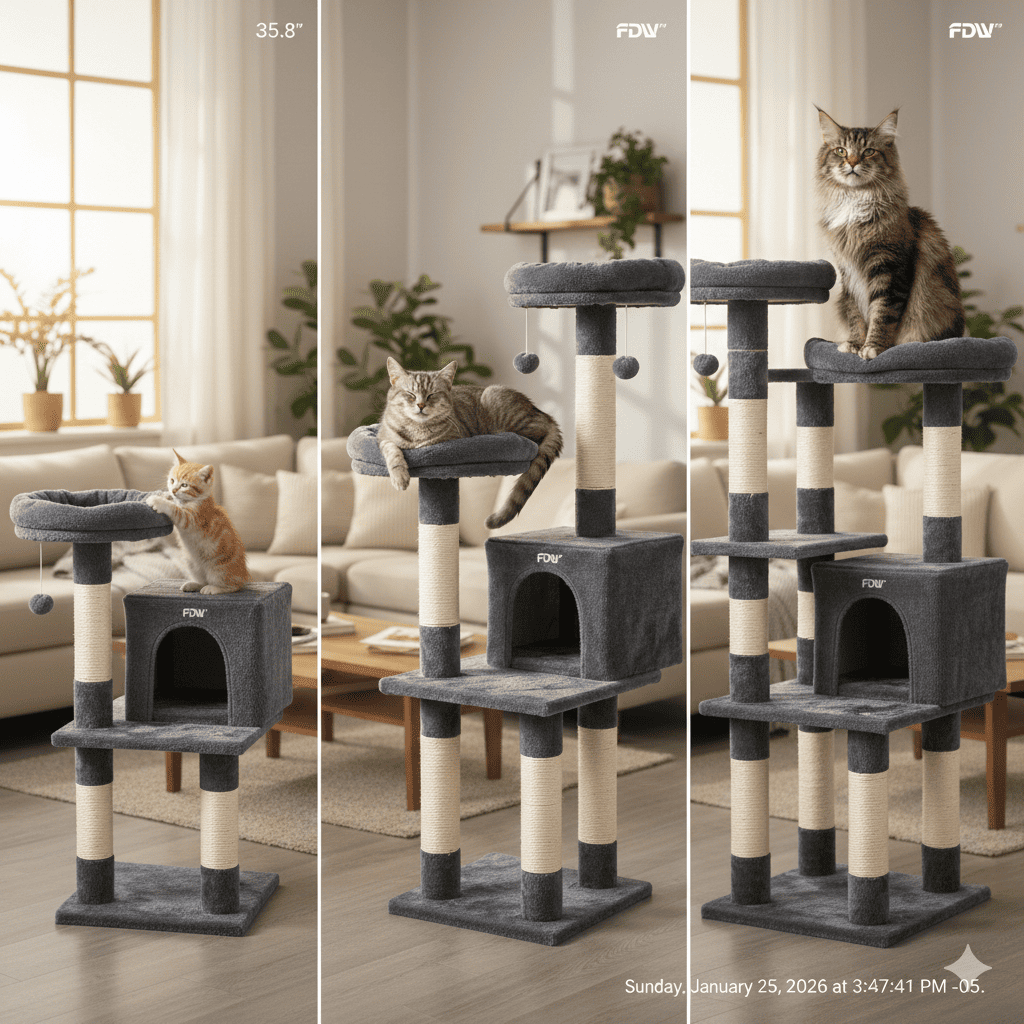 Split-screen showing cat tower in poor placement looking unstable versus same tower securely positioned against wall