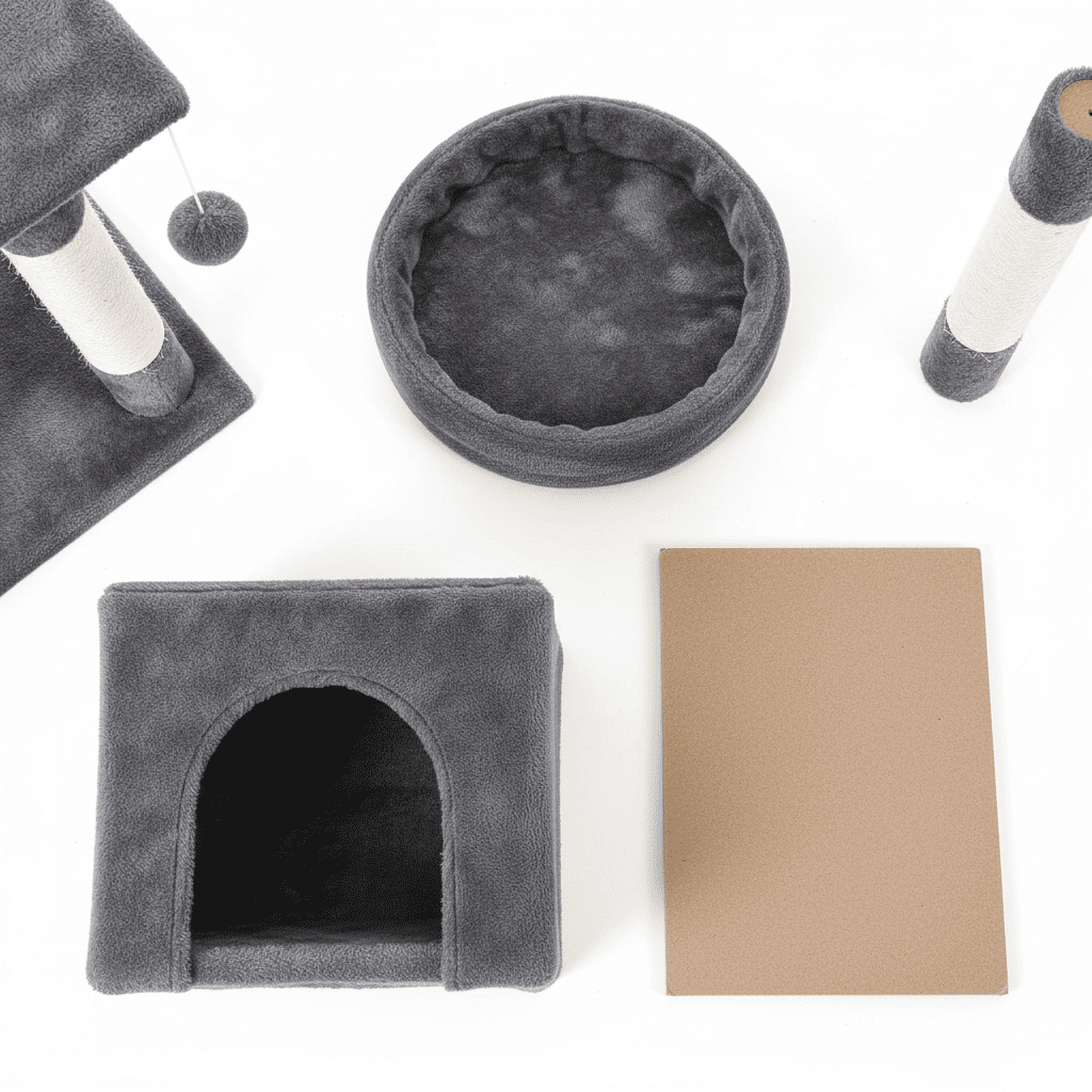 Cat owner relaxing on intact couch while cat actively uses tower in warm home environment