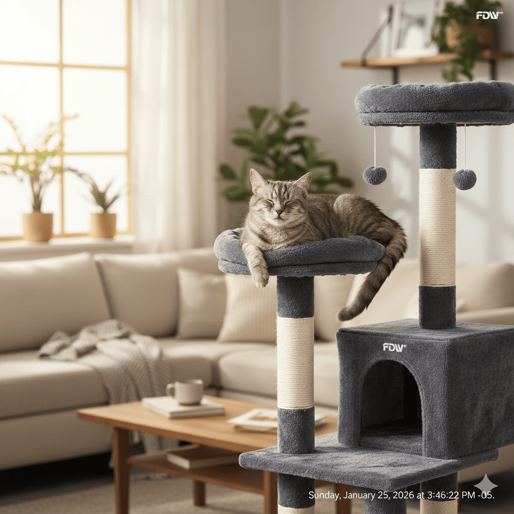 Confident cat perched majestically at top of tall cat tower looking down with content expression (Reference product image)