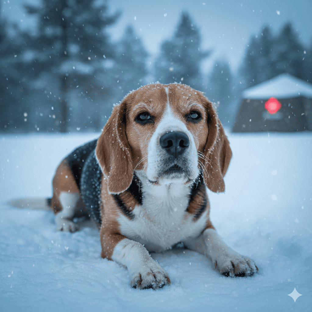 Beagle dog showing hypothermia symptoms lying on snowy ground with frost on fur and exhausted expression during winter polar vortex
