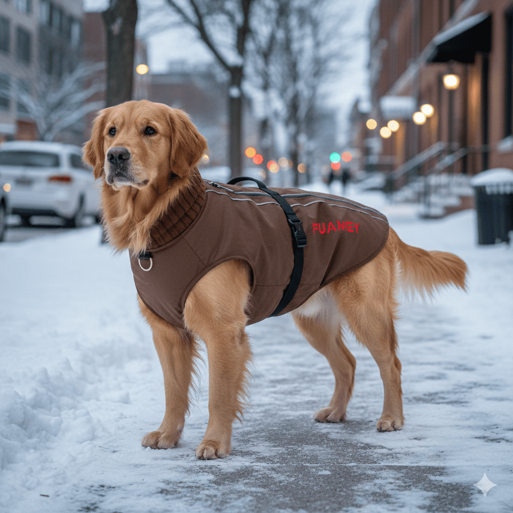 Golden Retriever wearing brown FUAMEY waterproof winter coat with reflective strips and built-in harness on snowy sidewalk showing proper fit