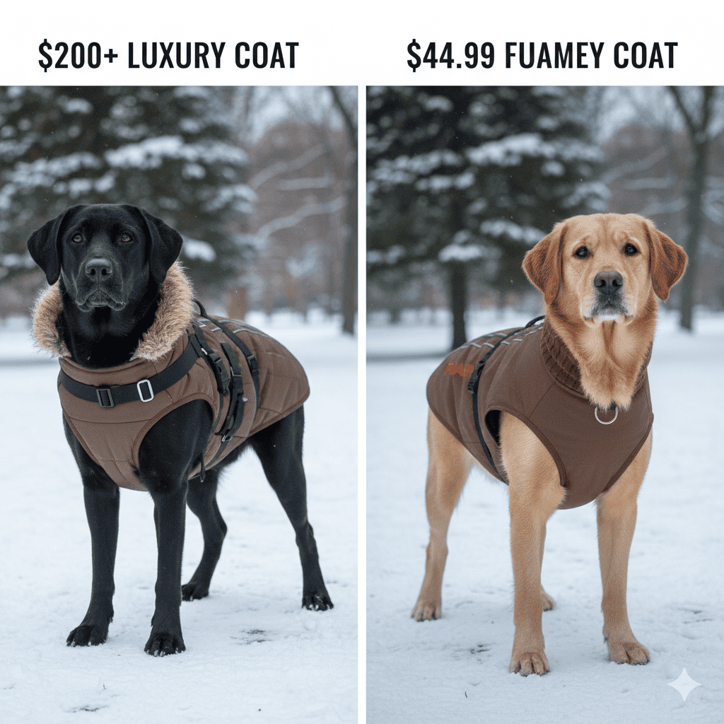 Side-by-side comparison of expensive premium dog winter coat versus affordable FUAMEY coat both worn by Labrador dogs in winter setting