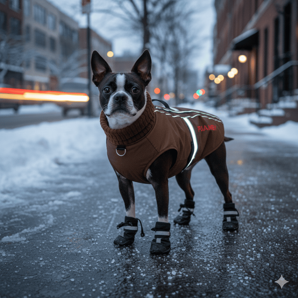 Boston Terrier wearing FUAMEY winter coat and waterproof dog boots standing on icy salted sidewalk with reflective strips visible