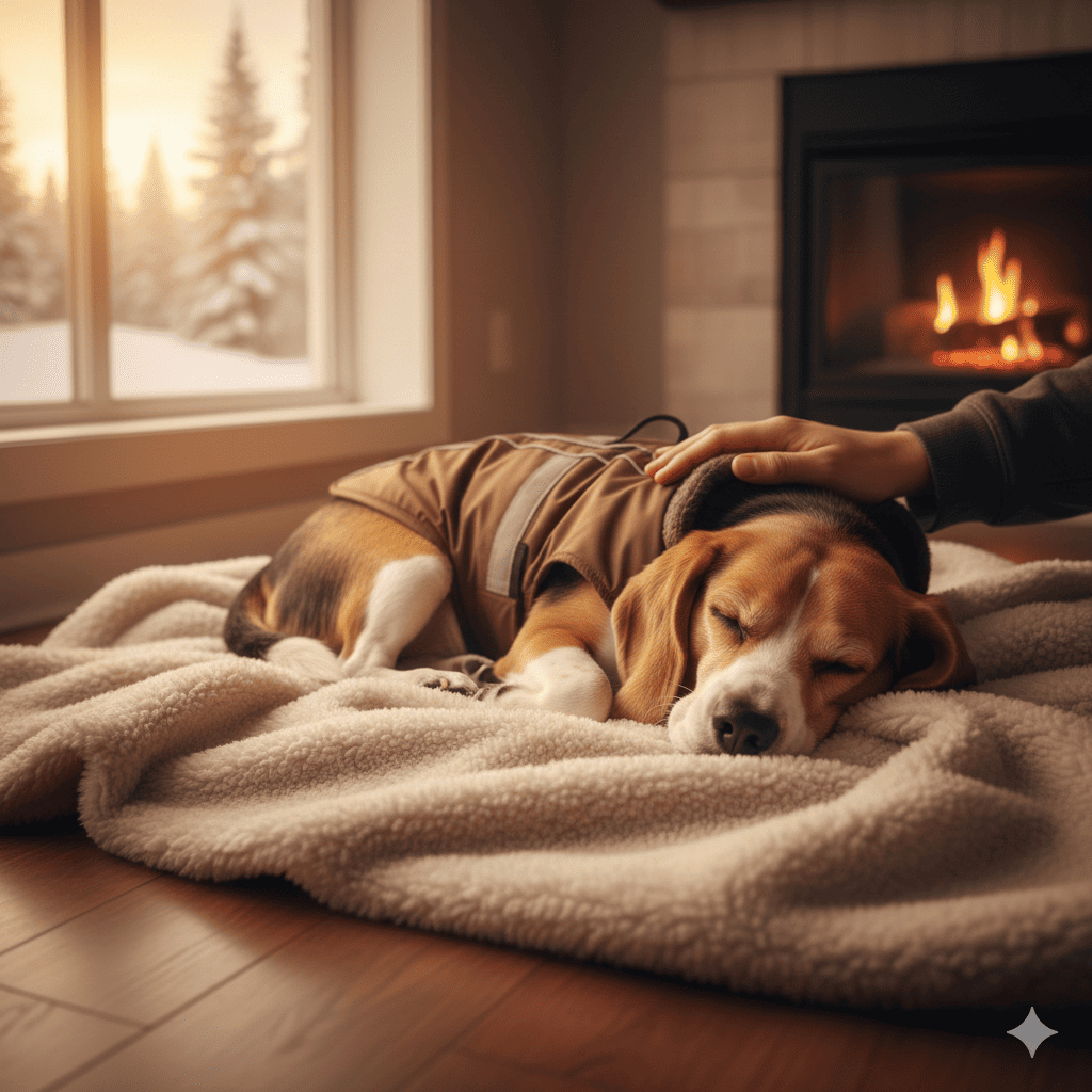 Rescued Beagle dog sleeping peacefully indoors on warm blanket wearing winter coat with snowy landscape visible through window behind