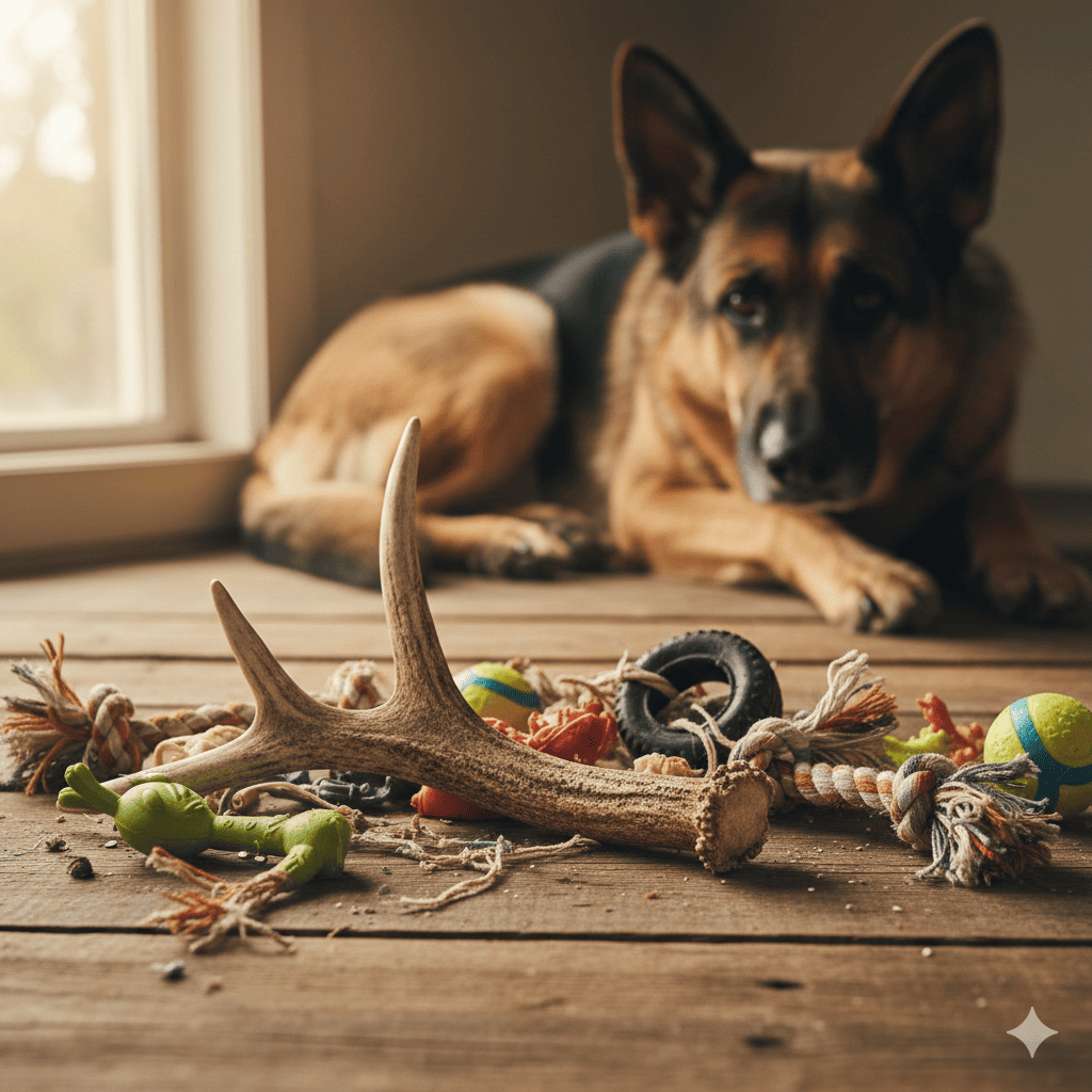 Powerful pit bull dog sitting beside intact natural elk antler on wooden floor surrounded by pile of completely destroyed rubber toys, shredded rope bones, and cracked nylon chews