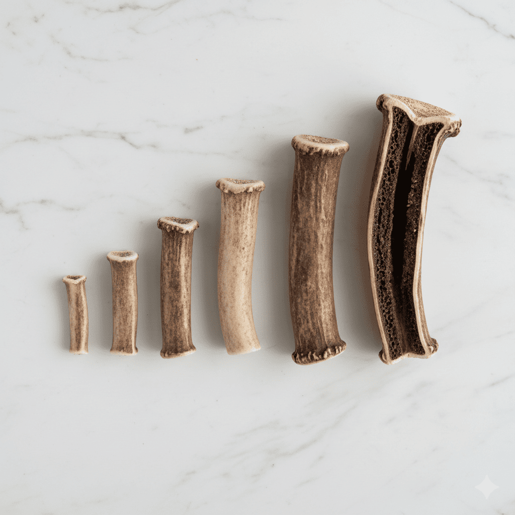 Overhead flat lay showing eight different sizes of Devil Dog Pet Co Grade A elk antler dog chews arranged on white surface from petite to beast size with cross-section showing dense cortical bone and marrow interior