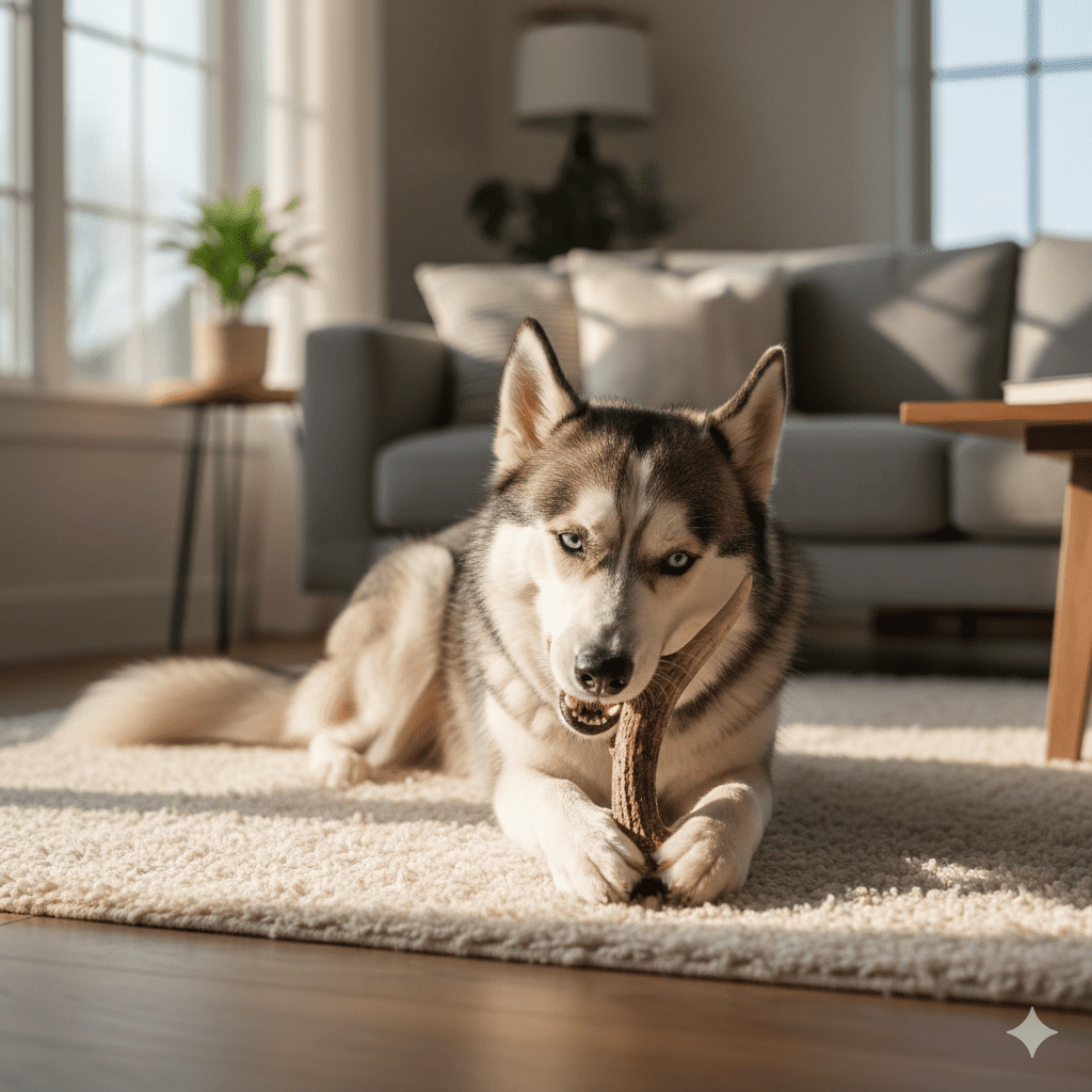 Happy German shepherd dog lying on living room carpet contentedly chewing large whole elk antler held between front paws with satisfied expression and wagging tail