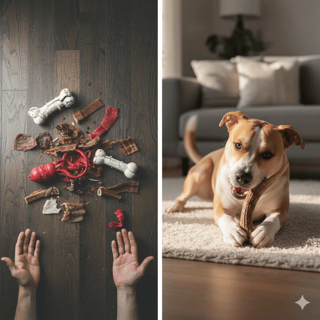Before and after split image showing frustrated dog owner with pile of destroyed chew toys versus same happy dog peacefully enjoying intact elk antler on wooden floor
