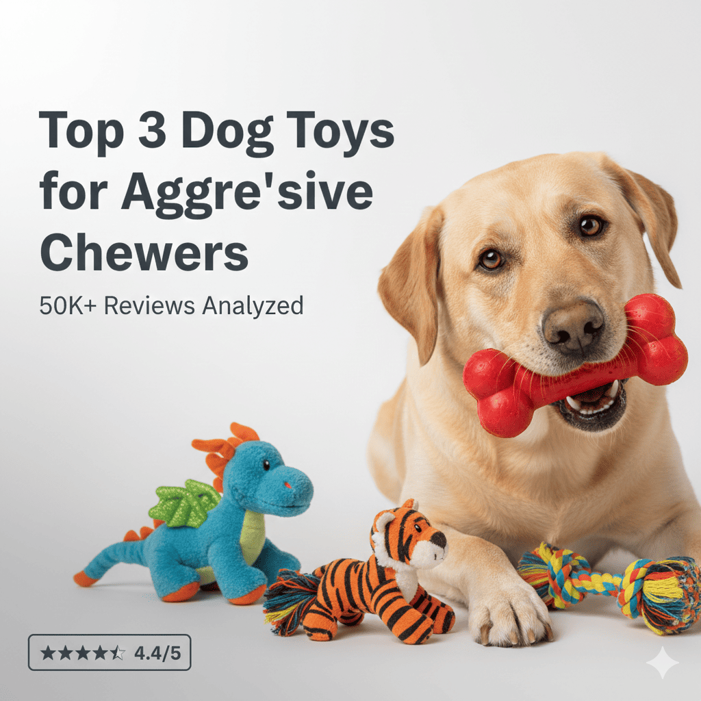 Happy Labrador playing with colorful dog toy packs (FIREOR, JALOUSIE, KIPRITII) on light background with text 'Top 3 Dog Toys for Aggressive Chewers' and '50K+ Customer Reviews Analyzed' with star rating