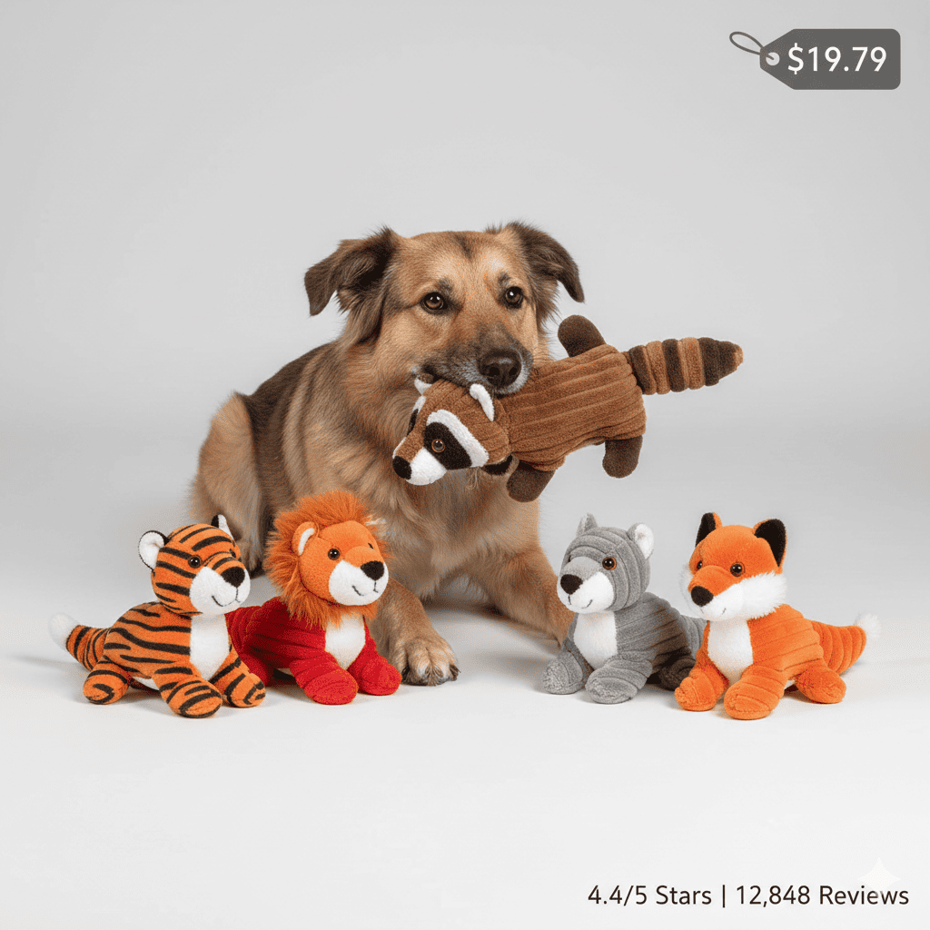 FIREOR Stuffing-Free Dog Toys: 5 colorful animal-shaped plush toys with Schnauzer dog playing, durable seams visible, priced $19.79, rated 4.4/5 stars from 12,848 reviews
