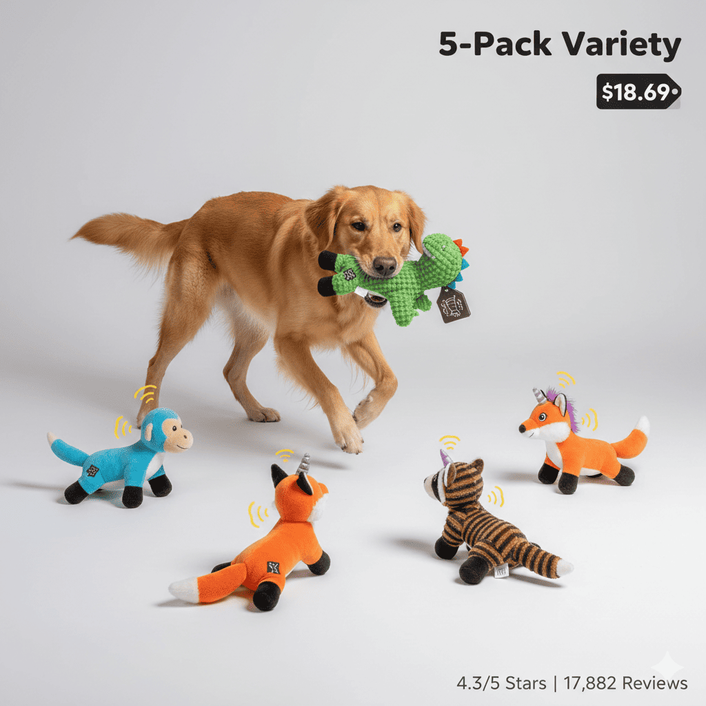 JALOUSIE 5-Pack dog toys: 5 colorful plush toys (dinosaur, monkey, unicorn, fox, raccoon) with Border Collie playing, multiple squeakers visible, priced $18.69, rated 4.3/5 stars from 17,882 reviews