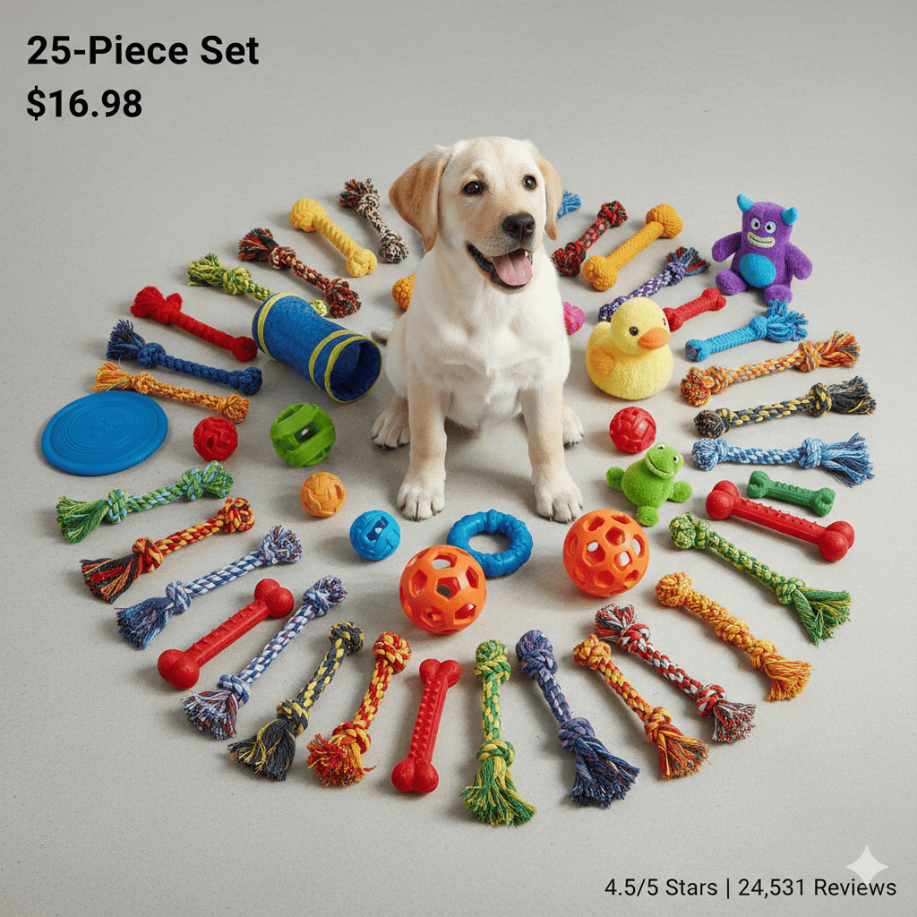 KIPRITII 25-Piece Bundle: rope toys, rubber toys, squeaky toys, treat-dispensing balls, flying disc with Lab puppy surrounded by toys, priced $16.98, rated 4.5/5 stars from 24,531 reviews