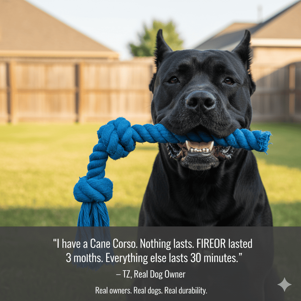 Cane Corso playing with durable toy with testimonial text: 'I have a Cane Corso. Nothing lasts. FIREOR lasted 2 months. Everything else lasts 30 minutes.' Real owner quote showing durability proof