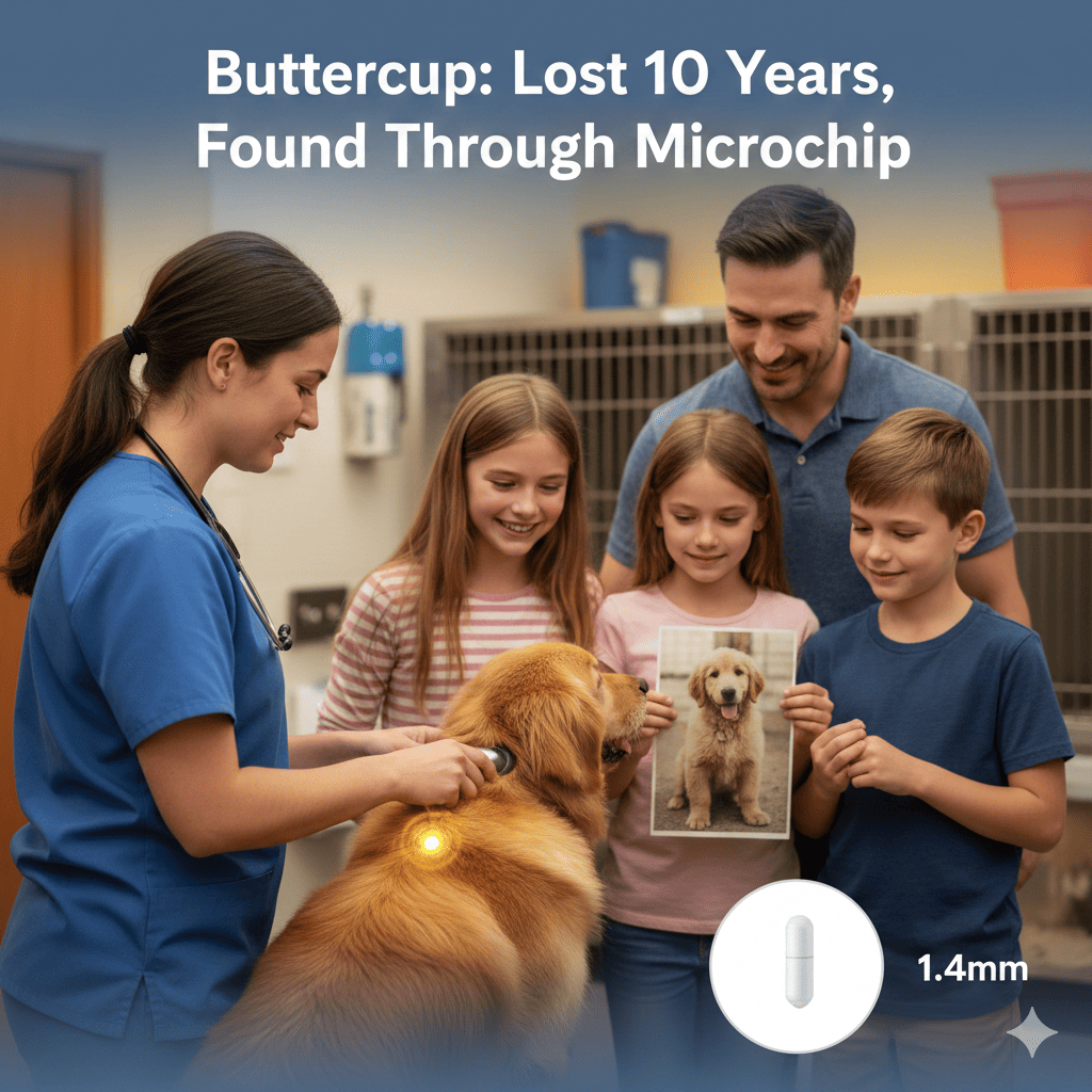 Golden retriever with glowing microchip, family holding reunion photo, dog being scanned in shelter, text 'Buttercup: Lost 10 Years, Found Through Microchip', warm lighting, Fi Nano microchip grain-of-rice visual with 1.4mm label