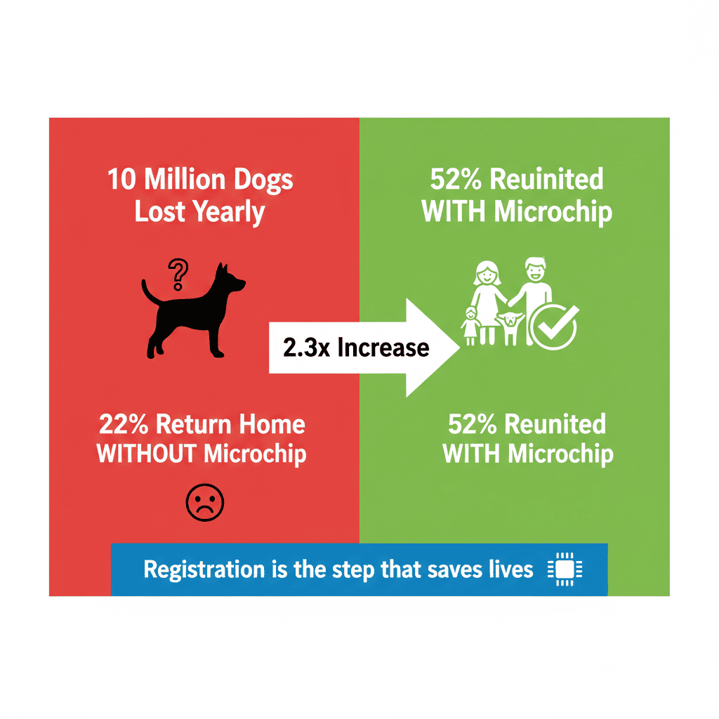 Split infographic: LEFT '10M Dogs Lost Yearly', '22% Return WITHOUT Microchip'. RIGHT '52% Reunited WITH Microchip'. Center arrow 2.3x increase. Banner 'Registration saves lives'