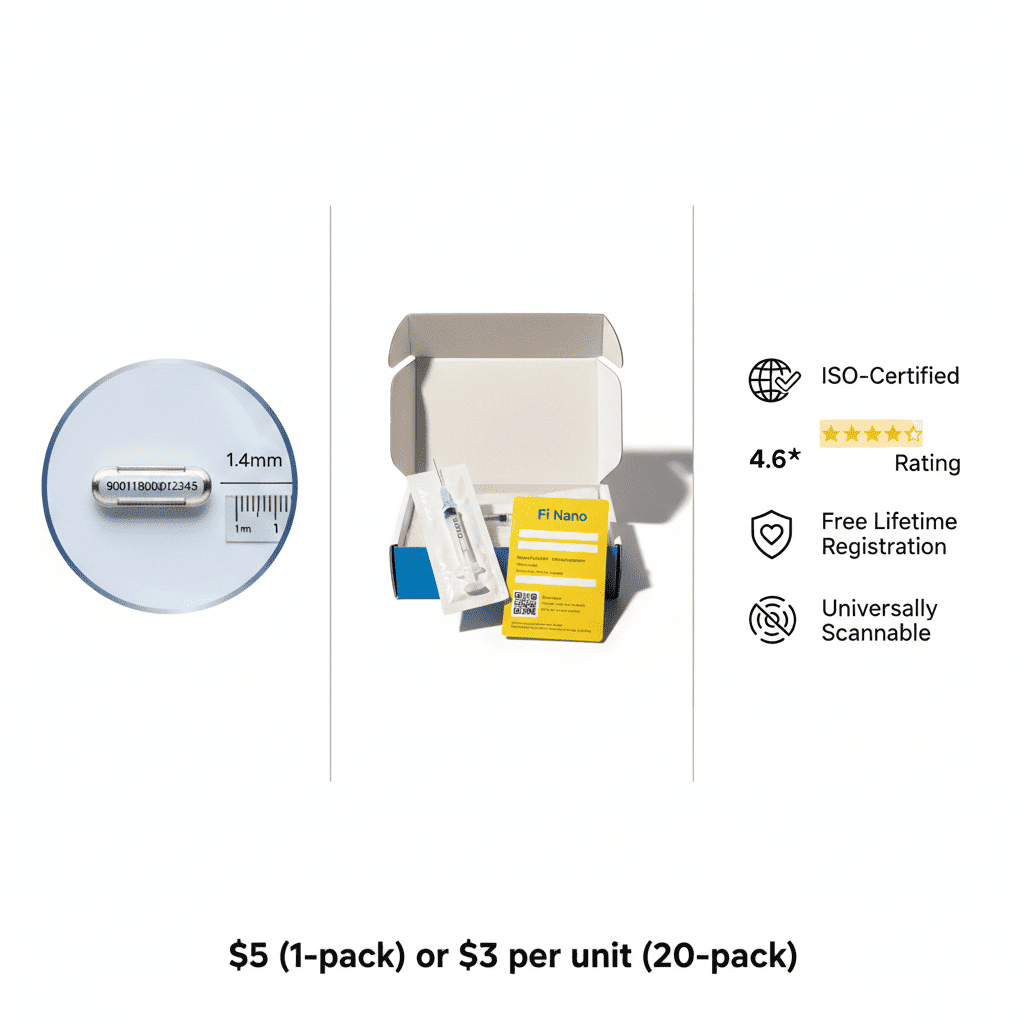 Fi Nano microchip on white surface, grain-of-rice size, magnified 15-digit view, open packaging with sterile needle, syringe, yellow card, icons: ISO-Certified, 4.6★, Free Lifetime Registration, $5 or $3 per unit