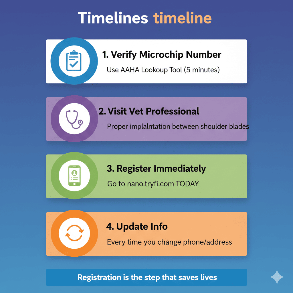 Vertical 4-step timeline: Step 1 Blue 'Verify Microchip' AAHA, Step 2 Purple 'Visit Vet' implant, Step 3 Green 'Register Now' nano.tryfi.com, Step 4 Orange 'Update Info'. Bottom 'Registration saves lives'. Gradient modern design