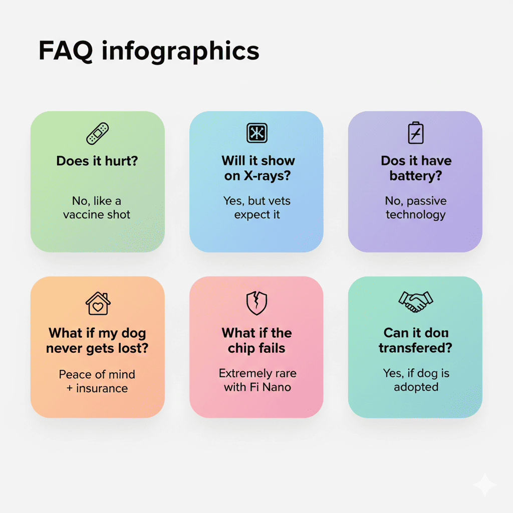 2x3 grid FAQ: Green 'Hurt? No', Blue 'X-rays? Yes vets expect', Purple 'Battery? No passive', Orange 'Never lost? Peace of mind', Pink 'Fails? Extremely rare', Teal 'Transfer if adopted? Yes'
