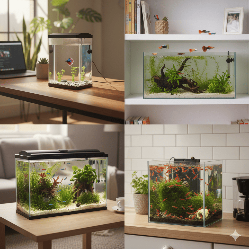 Lush planted 5-gallon aquarium with a school of 5 neon tetras swimming together through dense aquatic vegetation including Java Fern, Anubias, and moss, creating a vibrant green underwater landscape